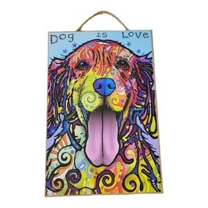 Dog is Love Dean Russo Golden Retriever Abstract Pop Art Wooden Art Plaque USA